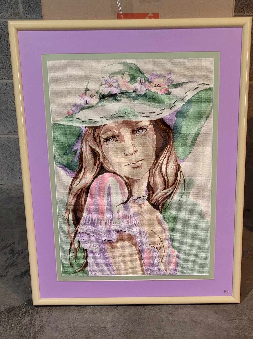 Framed Needlepoint Portrait of Woman in Wide Brimmed Hat